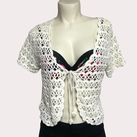 cleo Tops - Cleo Ivory Cotton Crochet Knitted Bolero Tie Short Sleeve Top Size Med